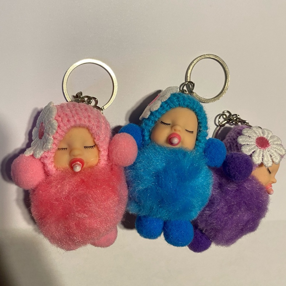 Sleeping baby pom pom poof puff bag purse charm clip on keychain key ring pink
